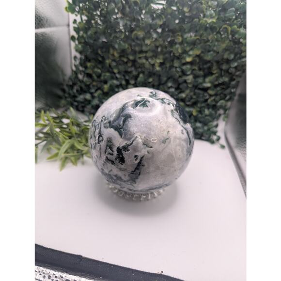 High Quality Moss Agate Sphere Druzy Cave Crystal witch Natural Statement Piece - Picture 7 of 8